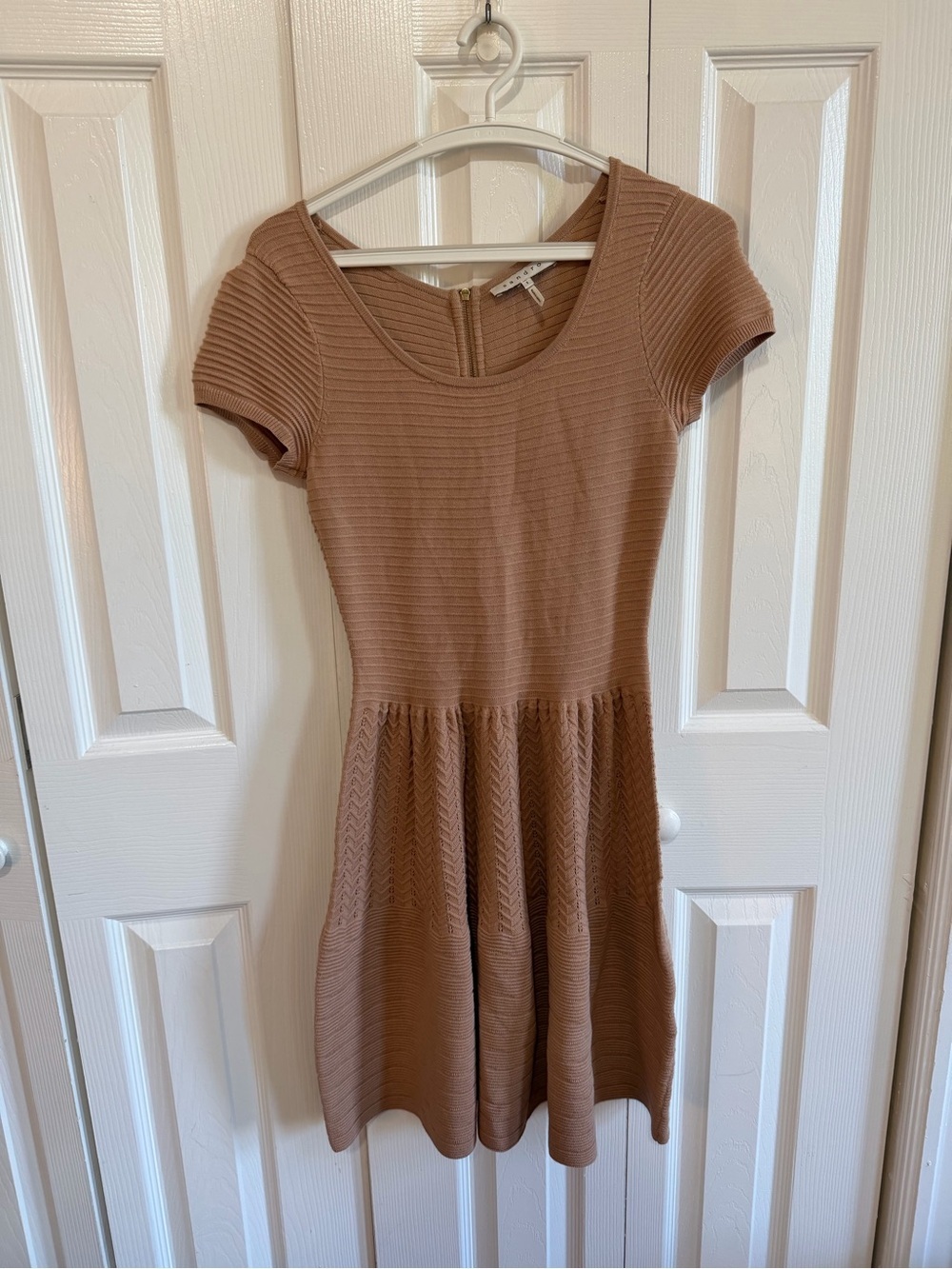 Sandro Ribbed Scoopneck Midi Dress Fit and Flare Cap Sleeve Brown Size 1 (Small)